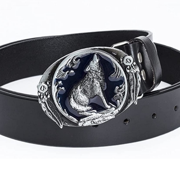 New silver wolf and feathers belt buckle. Fits 1.5" belt. - Picture 2 of 8